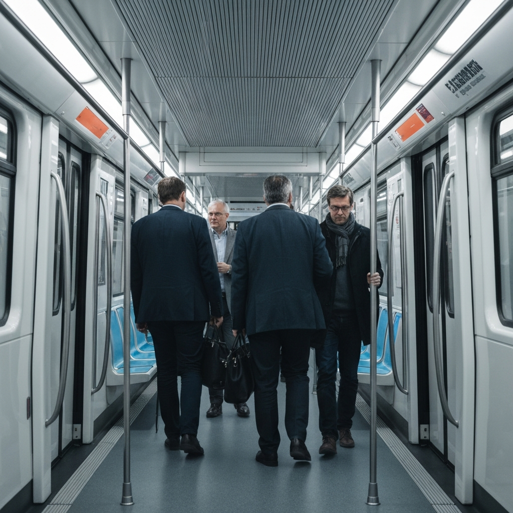 People boarding a clean, modern subway train in a European city. The lighting is bright and functional, showcasing the interior of the train.