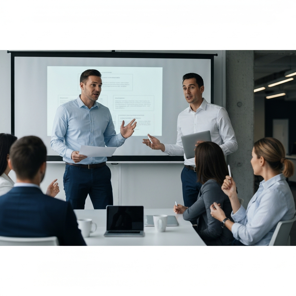 A person giving a presentation to a small group of people in a modern office setting. The presenter is confident and engaging, using a visual aid to illustrate their points. The audience is attentive and asking questions. The lighting is bright and professional.