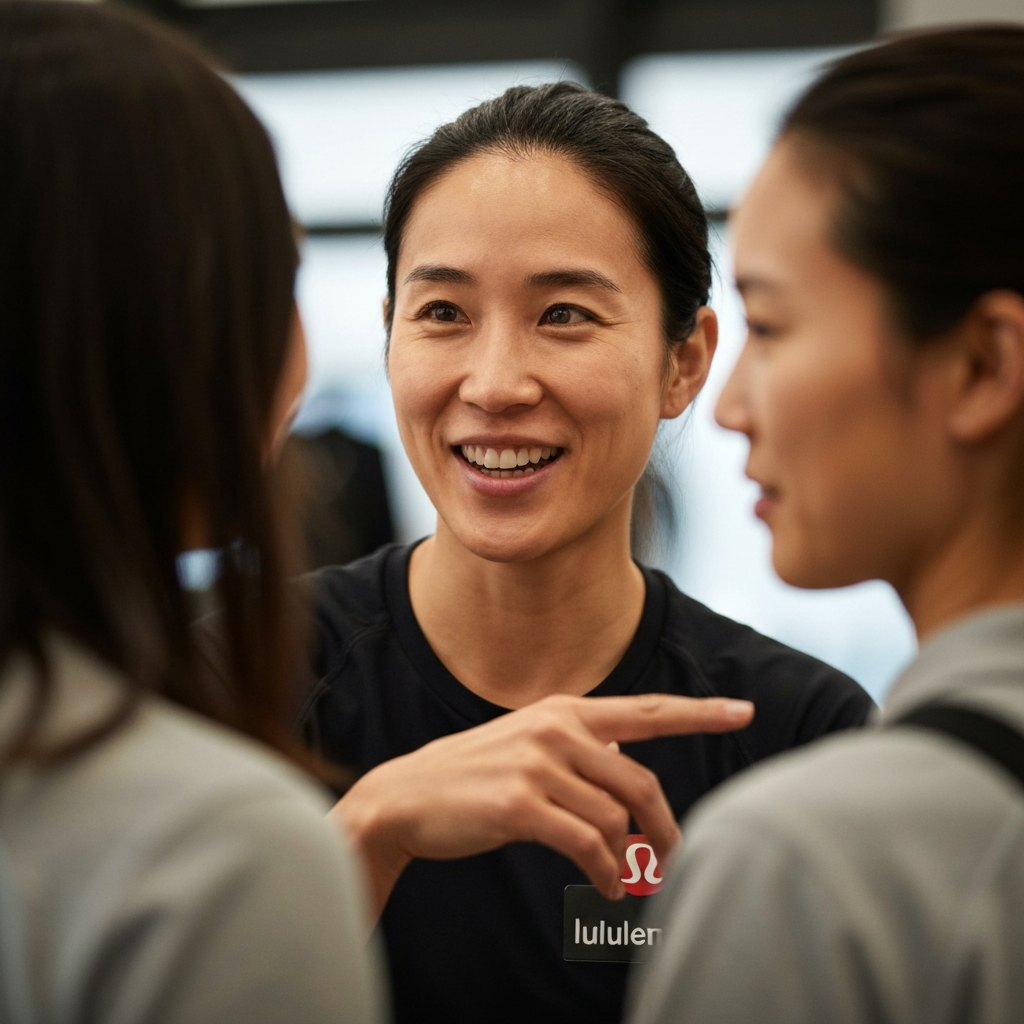 A close-up shot of a friendly conversation between a customer and a Lululemon store employee. The employee is smiling and gesturing towards a product, while the customer is listening attentively. The background is slightly blurred, highlighting the interaction.