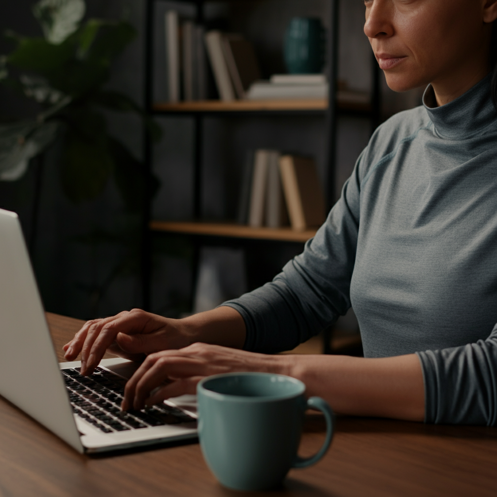A journalist working on a laptop in a modern office. The journalist is focused and typing quickly, with a cup of coffee nearby. The background is clean and minimalist, with bookshelves and plants.
