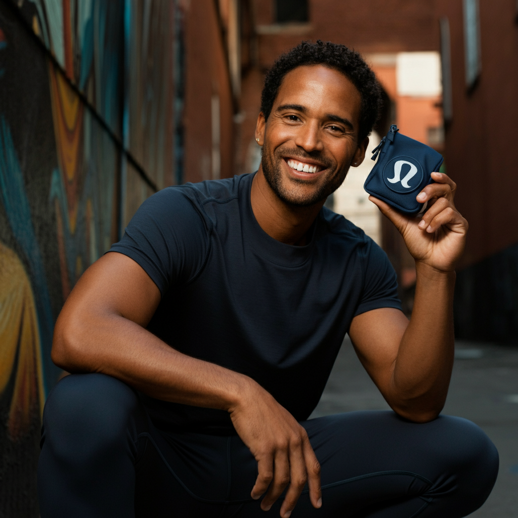 A social media influencer posing for a photo in Lululemon activewear. The influencer is smiling and holding up a Lululemon product. The background is a vibrant urban setting with colorful street art.