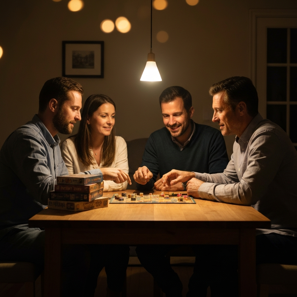 A warmly lit living room with soft bokeh. A family of four is gathered around a wooden table, playing a board game. The faces are illuminated by a lamp, casting soft shadows. A stack of board games sits beside them.
