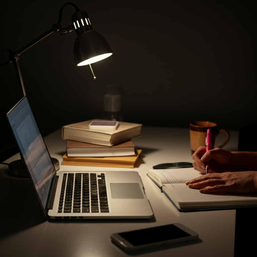 A well-organized desk with a laptop, books, and notebooks. The desk is illuminated by a desk lamp, casting a warm glow. The background is slightly blurred, focusing attention on the study materials.