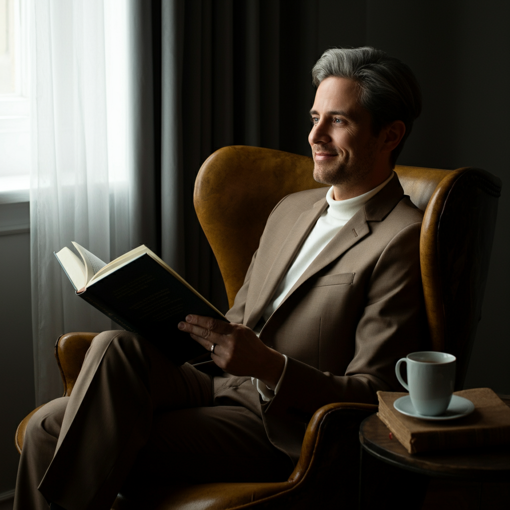 A person is sitting in a comfortable armchair next to a window, bathed in soft, natural light. They are holding a book and smiling gently. A cup of tea sits on a nearby table.