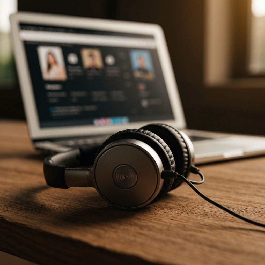 Close-up shot of headphones resting on a textured wooden surface. The background is a softly blurred image of a laptop displaying a podcast app. Golden hour lighting enhances the details.