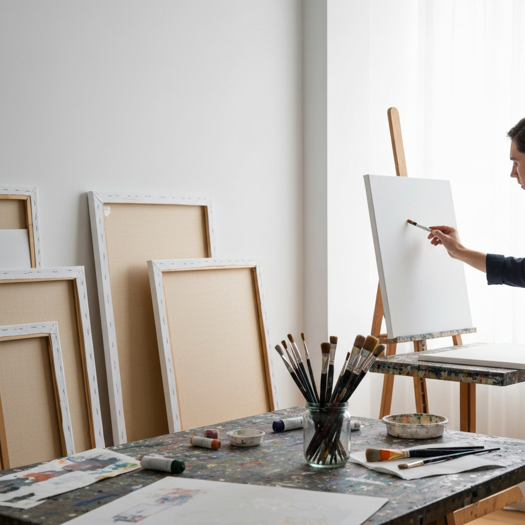 A brightly lit art studio with various art supplies scattered around. Canvases lean against the wall, and paintbrushes are arranged in a jar. A person is seen working on a painting, their hand holding a brush.