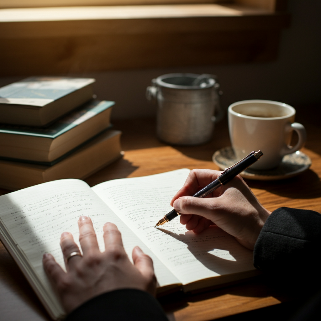 A close-up of a hand writing in a journal with a pen. The journal is open on a wooden desk, surrounded by books and a cup of coffee. Natural light streams in from a nearby window.