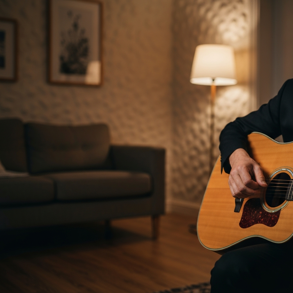 A person playing an acoustic guitar in a softly lit room. The room has a warm, inviting atmosphere, with textured walls and comfortable furniture. Soft bokeh creates depth.