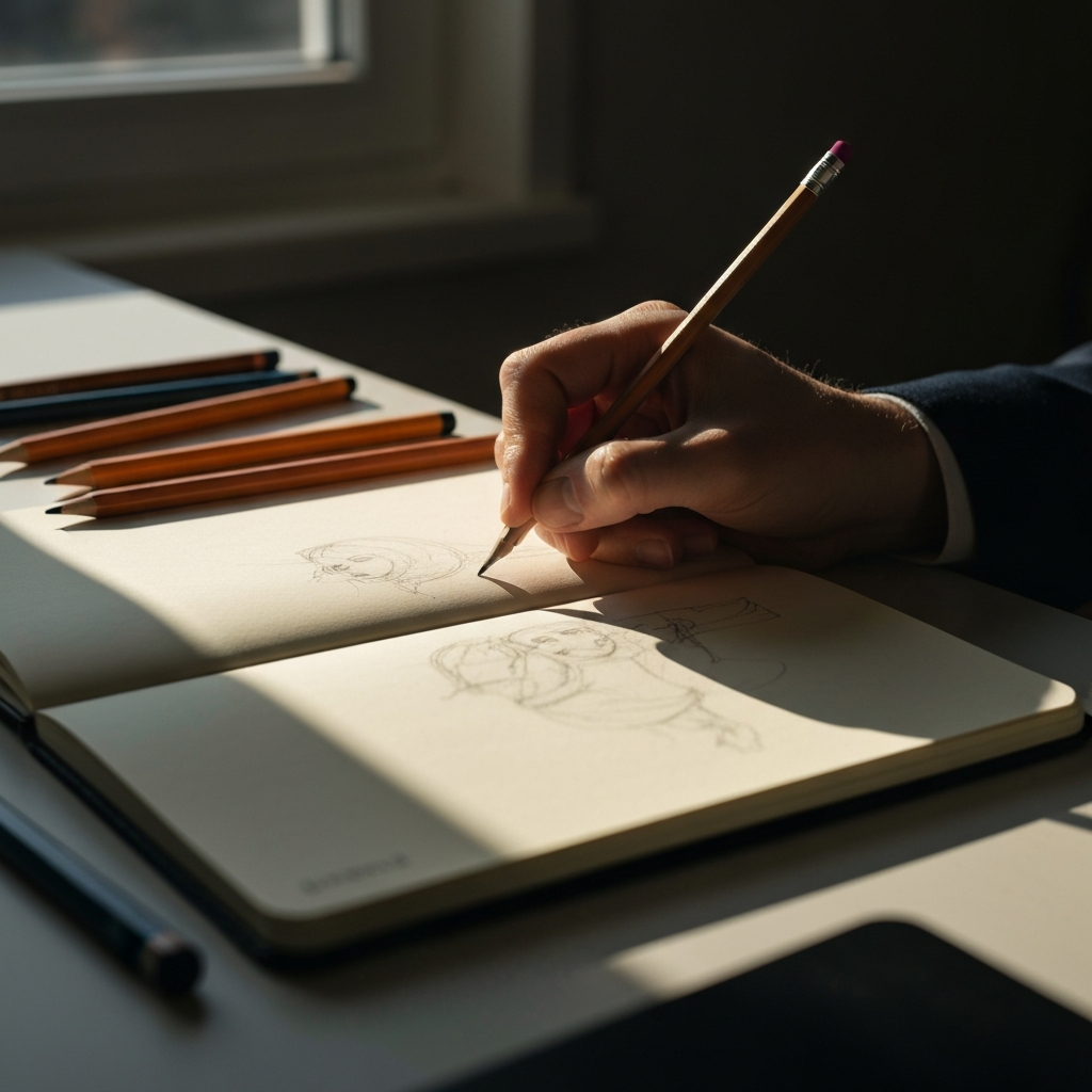 A close-up shot of a hand sketching in a notebook with a pencil, soft natural light streaming from a nearby window, creating long shadows across the page and emphasizing the texture of the paper. Other art supplies are scattered artfully around the notebook.