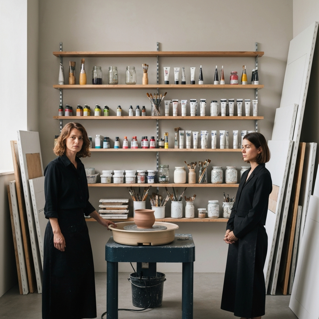 A well-lit artist's studio with organized shelves of paint tubes, brushes in jars, and canvases stacked against the wall. A potter's wheel sits in the foreground, ready for use. The light is even and diffused, highlighting the variety of textures and colors.