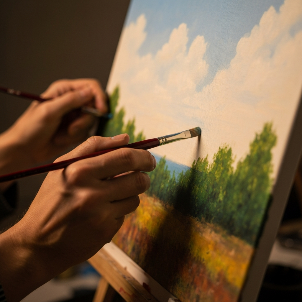 A close-up of an artist's hands holding a paintbrush and carefully applying paint to a canvas. The canvas is partially completed, showing a vibrant landscape scene. The light is warm and inviting, highlighting the texture of the paint and canvas.