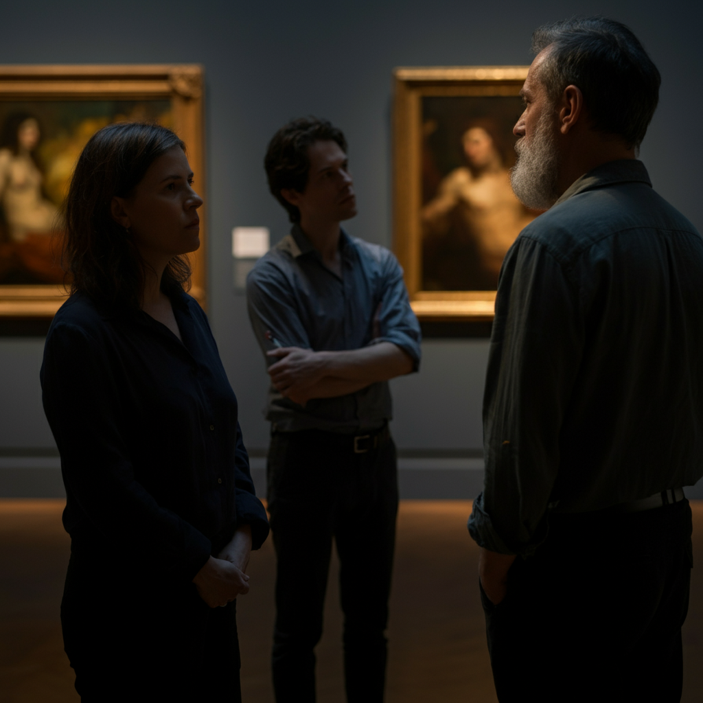 A small group of artists gathered in a gallery, discussing and admiring a painting on the wall. Soft, ambient lighting illuminates the artwork and the faces of the artists, creating a sense of community and shared appreciation.
