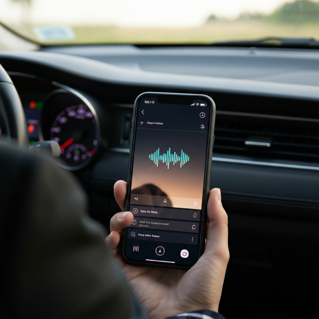 Close-up shot of a smartphone recording audio inside a car cabin. Soft natural light illuminates the phone, with the car's dashboard slightly blurred in the background. Focus is on the phone's recording app interface.