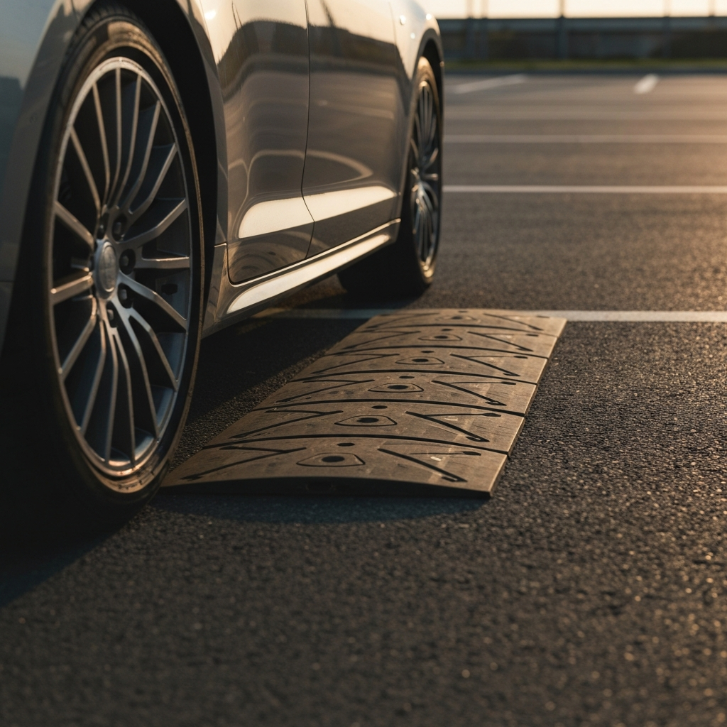 Side-view shot of a car slowly driving over a speed bump in a parking lot. Golden hour lighting casts long shadows. Focus is on the car's suspension compressing as it goes over the bump, with the surrounding asphalt visible in sharp detail.