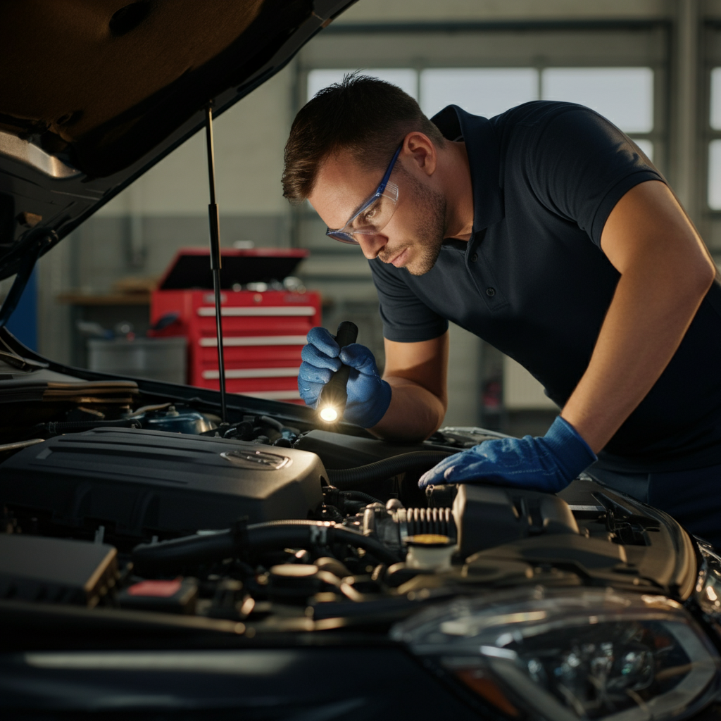 A mechanic, wearing safety glasses and gloves, is leaning over the open hood of a car, using a flashlight to inspect the engine. Soft side lighting highlights the metallic textures of the engine components. A toolbox is partially visible in the background.