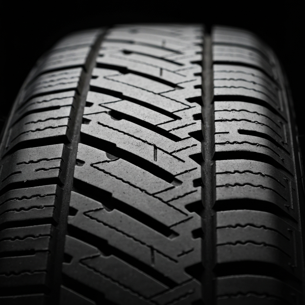 Close-up shot of a tire with uneven wear. Focus is on the tread pattern, with the background softly blurred. Diffused light shows the texture and depth of the wear patterns.
