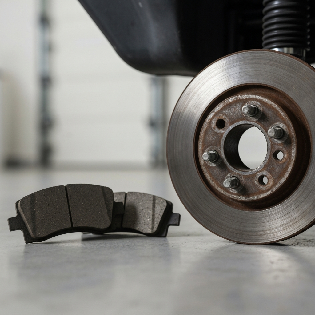 A set of worn brake pads next to a rusty brake rotor. Harsh lighting emphasizes the rough textures and imperfections. The backdrop is a clean, organized garage floor.