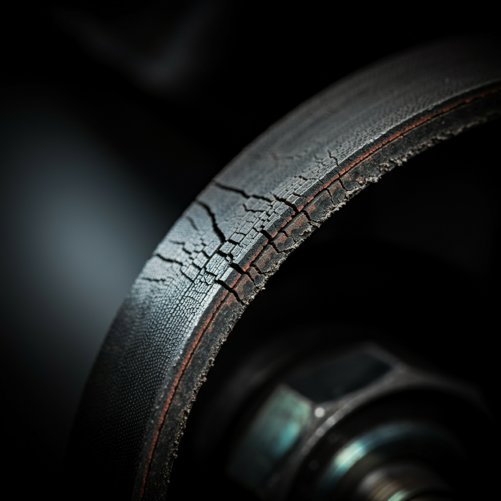 Close-up shot of a cracked serpentine belt. Focus is on the details of the cracks and the worn texture of the belt material. Soft, diffused lighting reveals the belt's structure.