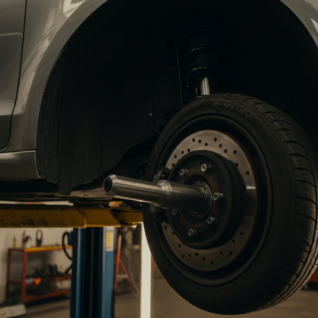 A mechanic inspecting the suspension of a car on a lift. The lighting is bright and uniform, illuminating the various suspension components. The background shows the clean and organized environment of a professional auto repair shop.