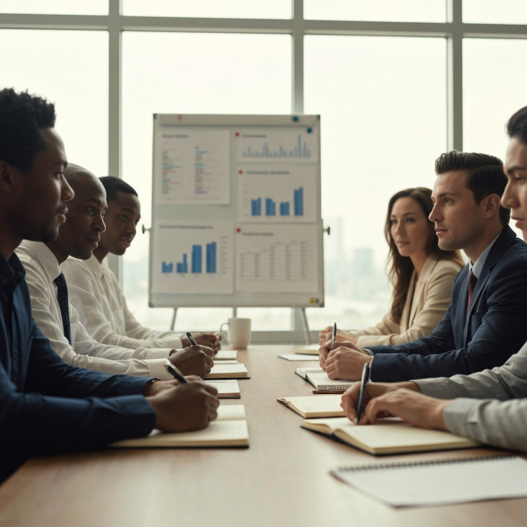 A diverse group of professionals seated around a conference table, bathed in soft, natural light filtering through a large window. Notebooks and pens are scattered across the table, and faces are lit with focused expressions. The soft bokeh in the background highlights a whiteboard covered in audience demographic data.