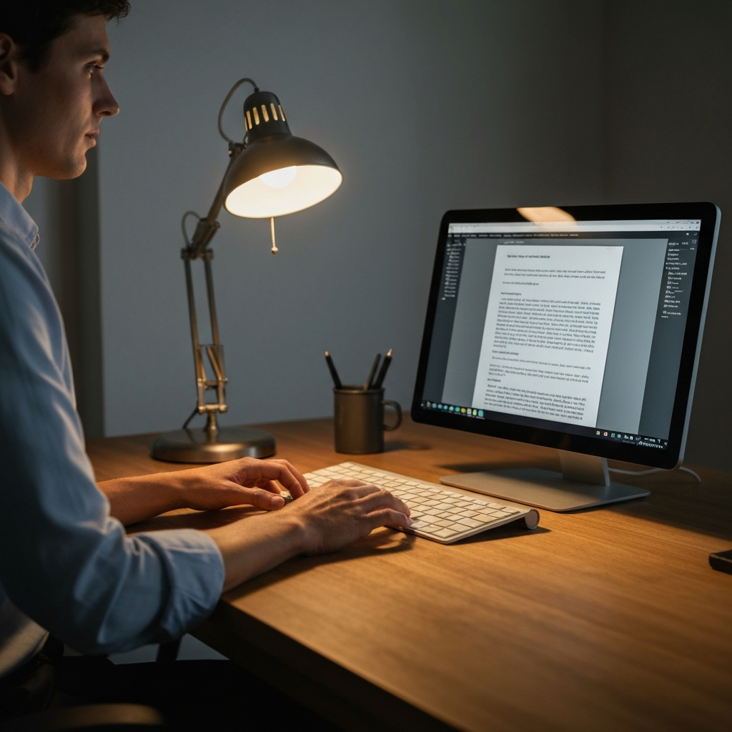 A writer sitting at a desk, illuminated by the warm glow of a desk lamp. Hands are poised over a keyboard, the screen displaying a document undergoing revisions. Soft, ambient lighting emphasizes the textures of the wooden desk and the focused expression on the writer's face.