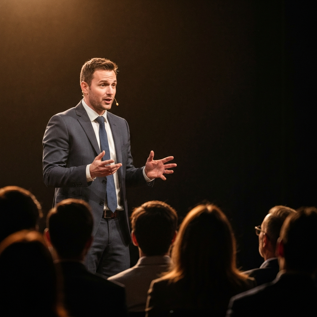 A speaker on stage, bathed in warm stage lighting, gesturing emphatically while telling a story to a captivated audience. The background is slightly blurred, emphasizing the speaker's animated expression and the engaged faces in the crowd.