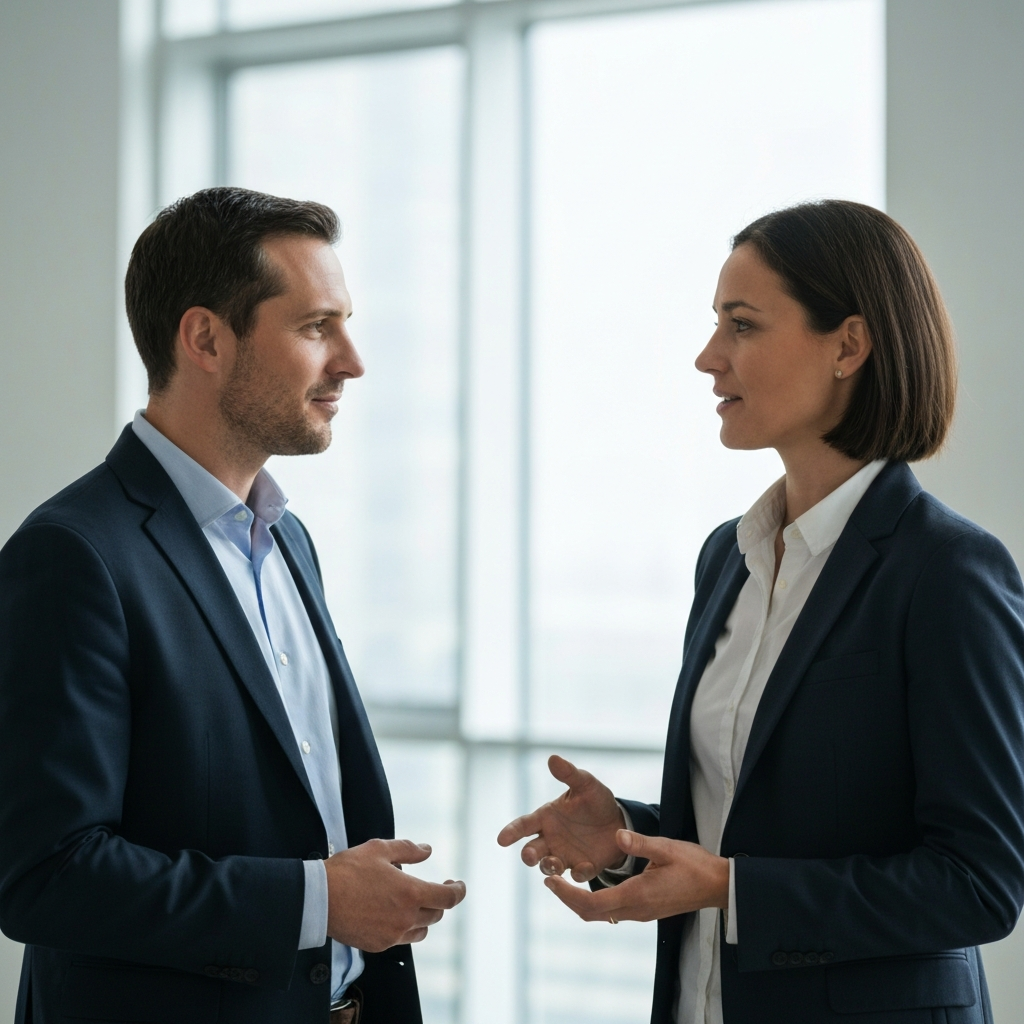 Two business professionals engaged in a conversation, side-lit to emphasize the textures of their clothing and the subtle nuances of their facial expressions. Their body language is open and inviting, conveying attentiveness and respect. Soft, diffused lighting minimizes shadows and creates a professional atmosphere.