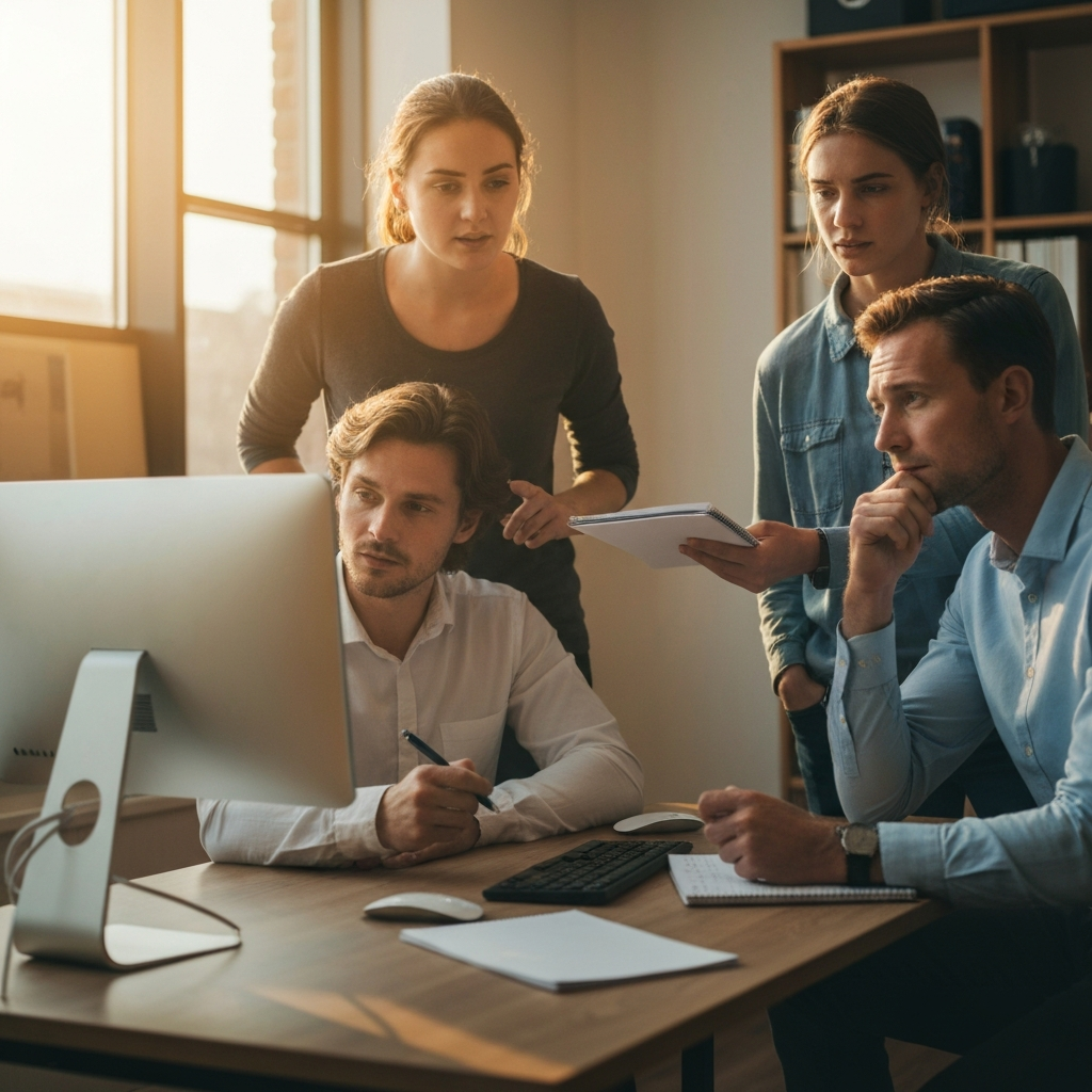 A team of colleagues gathered around a computer screen, reviewing a presentation. Natural light floods the room, highlighting the collaborative environment. The team members are providing constructive feedback, and the presenter is taking notes with a thoughtful expression.