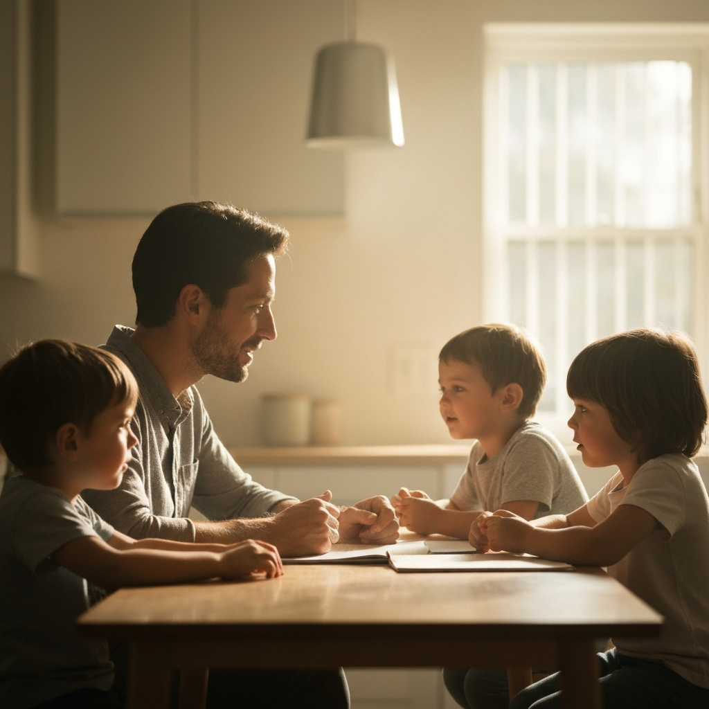 A parent sits at a kitchen table, bathed in warm morning light, gently talking to two children. The children are engaged and appear calm. Soft bokeh in the background.
