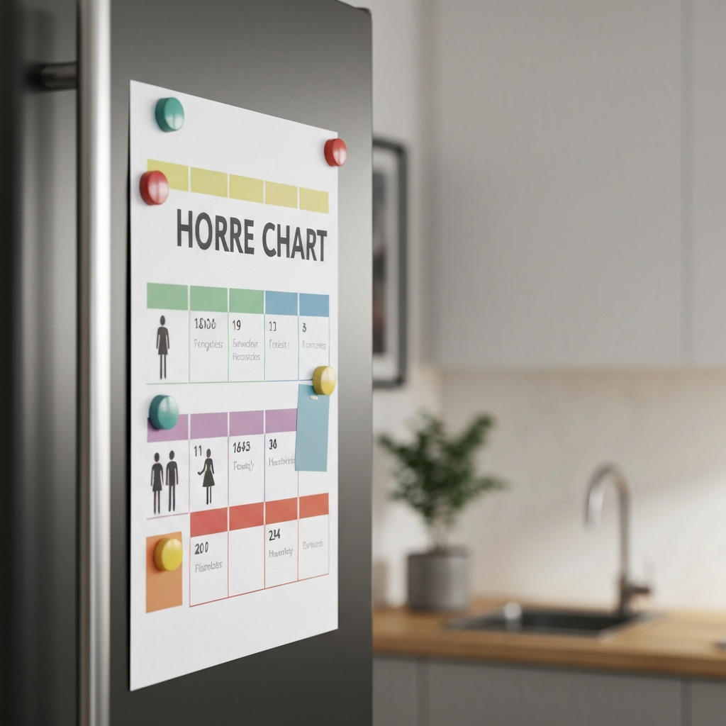 A colorful chore chart hangs on a refrigerator door. Magnets are used to assign tasks to different family members. The lighting is soft and diffused.