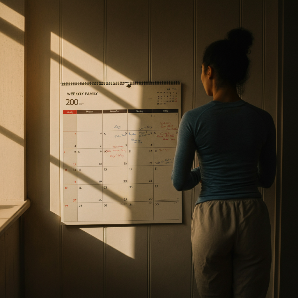 A weekly family calendar is displayed on a wall. Only a few activities are marked, leaving ample white space. The lighting is natural and warm.