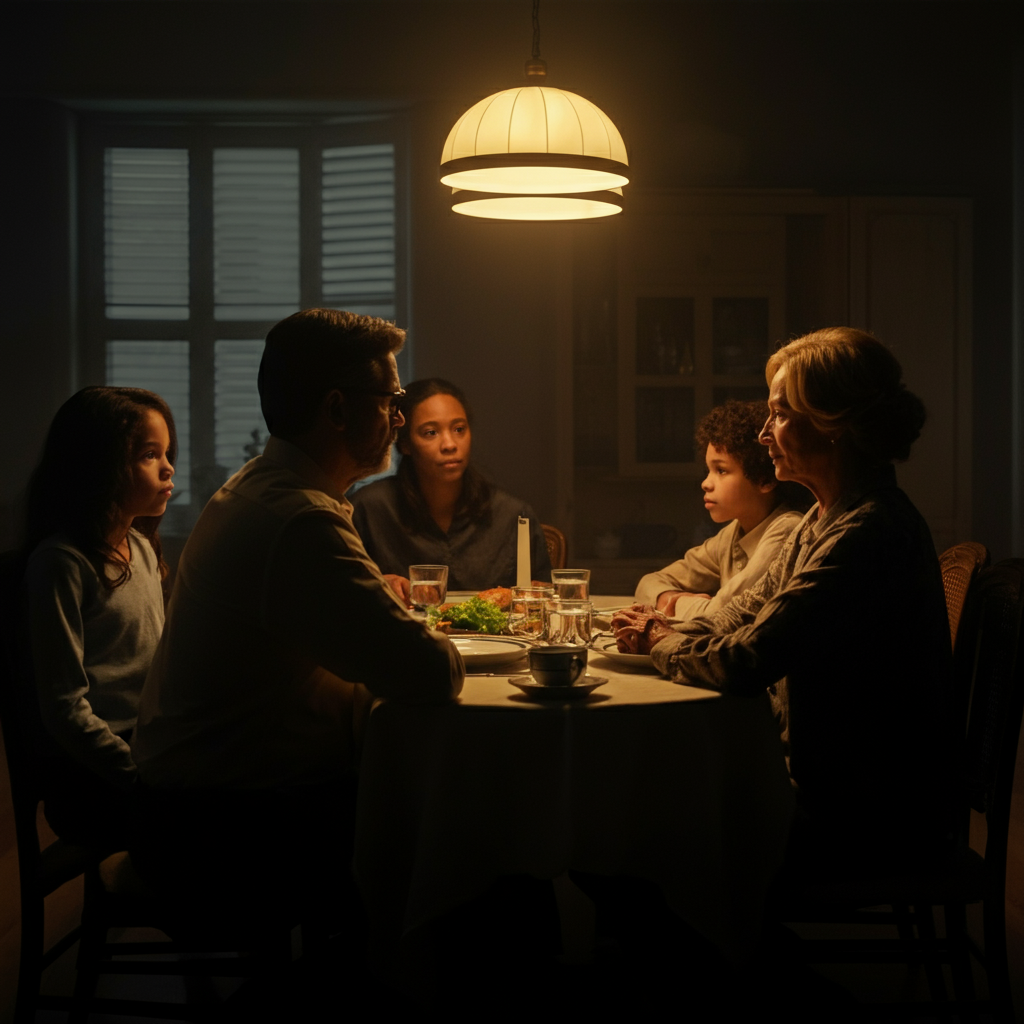 A family sits around a dining table, engaging in a calm and respectful conversation. The lighting is warm and inviting, casting soft shadows.