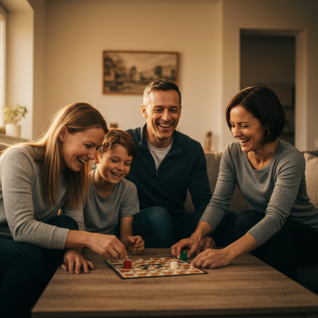 A family is laughing together while playing a board game in their living room. The lighting is cozy and intimate.
