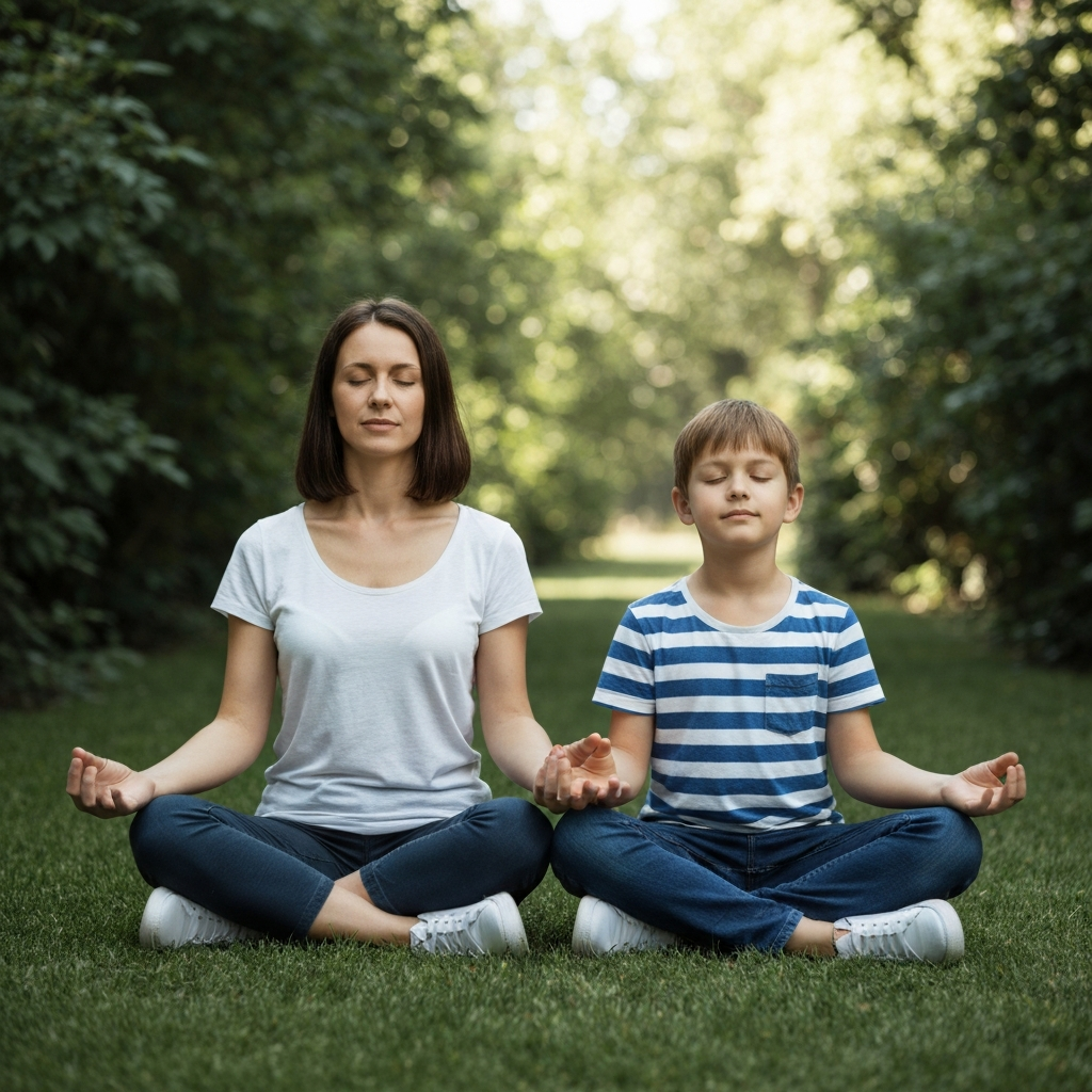 A parent and child are meditating together in a peaceful garden setting. The lighting is soft and diffused, creating a sense of tranquility.