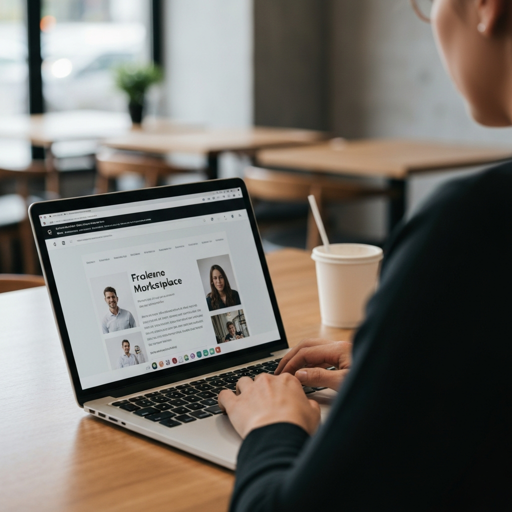 A person using a laptop in a coffee shop. The screen displays a freelance marketplace website. The lighting is soft and diffused, with a shallow depth of field blurring the background.