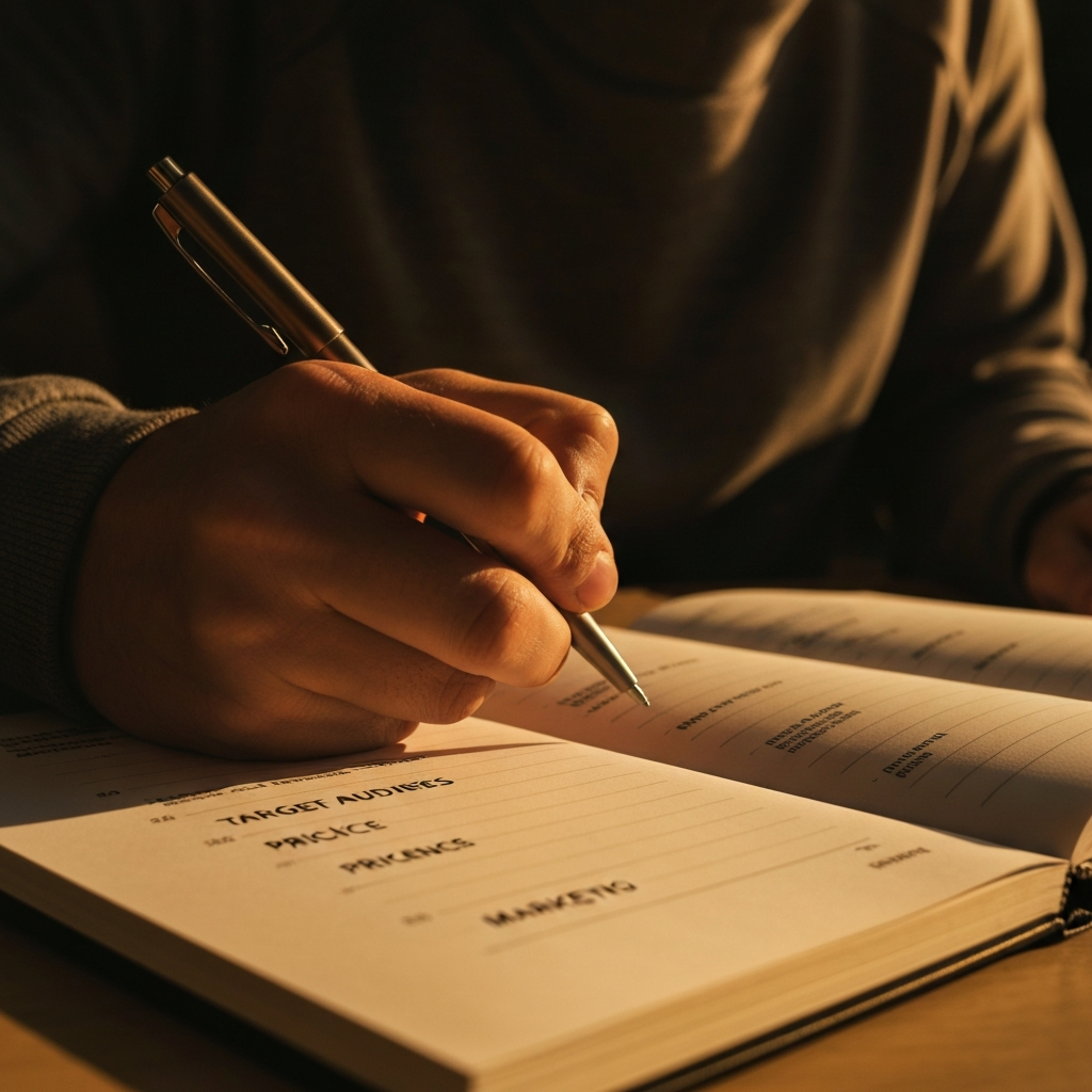 A close-up shot of a hand writing on a notepad with a pen. The notepad is open to a page with headings like "Target Audience," "Pricing," and "Marketing." The lighting is warm and focused, highlighting the texture of the paper.