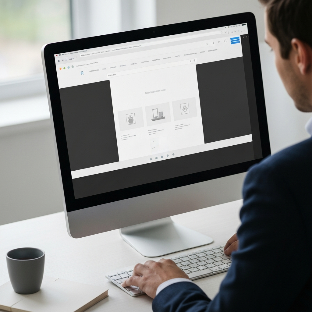 A person working on a website design on a computer. The screen displays a mock-up of a clean and modern website. The lighting is bright and even, showcasing the details of the screen.