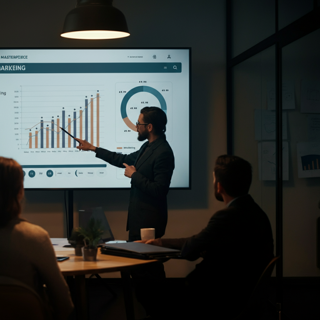 A person giving a presentation to a small group of people in a modern office space. The person is pointing to a graph on a screen that displays marketing data. The lighting is professional and well-balanced.