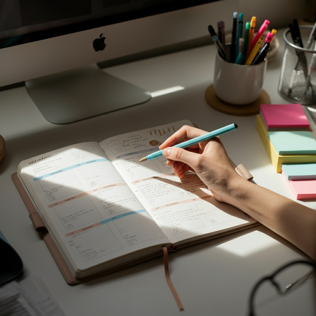 A person using a planner and calendar to schedule their week. The planner is open on a desk, surrounded by pens and sticky notes. The lighting is natural and warm, creating a sense of calm.