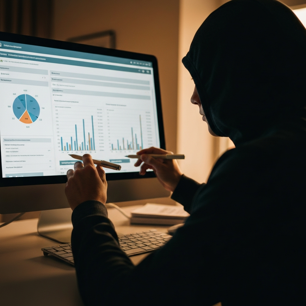 A person reviewing financial statements on a computer screen. The screen displays charts and graphs. The lighting is focused and direct, highlighting the details of the screen.