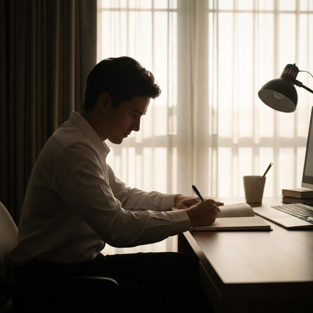 A well-lit home office. A person is sitting at a desk during the late morning, bathed in soft natural light filtering through sheer curtains. They are using a journal and pen to log their sleep patterns.