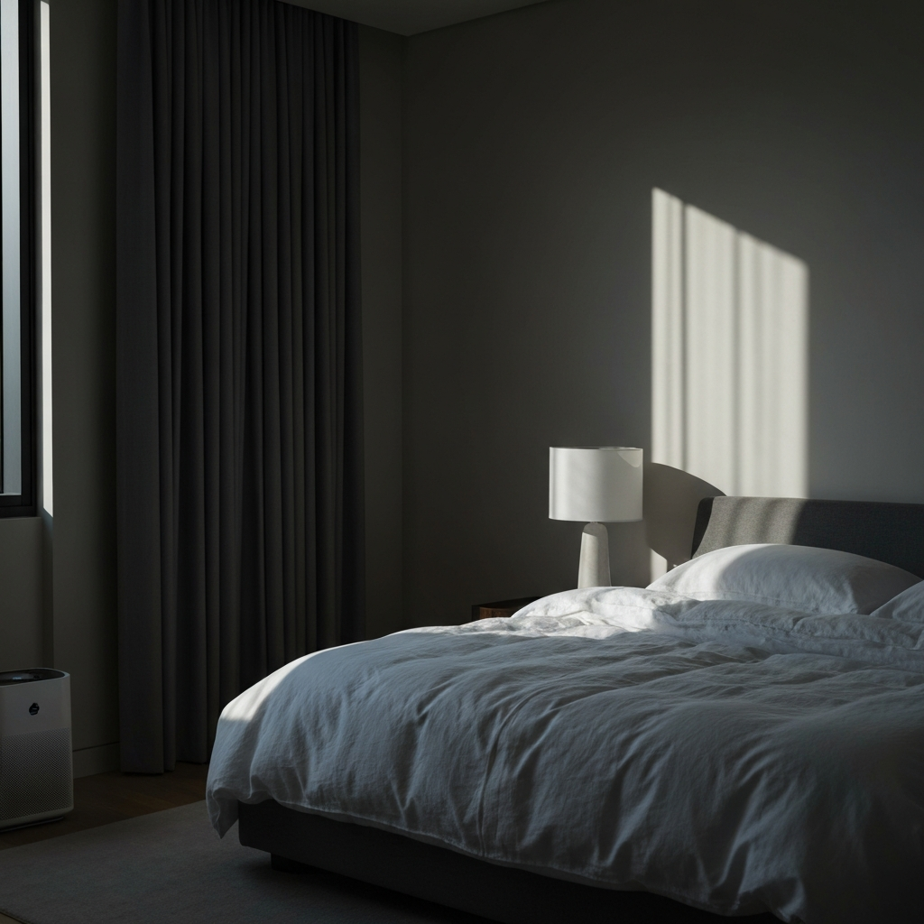 A dimly lit bedroom. Soft light from a bedside lamp highlights a plush mattress with crisp white linen bedding. Blackout curtains are partially drawn, casting long shadows. An air purifier is subtly visible in the corner.
