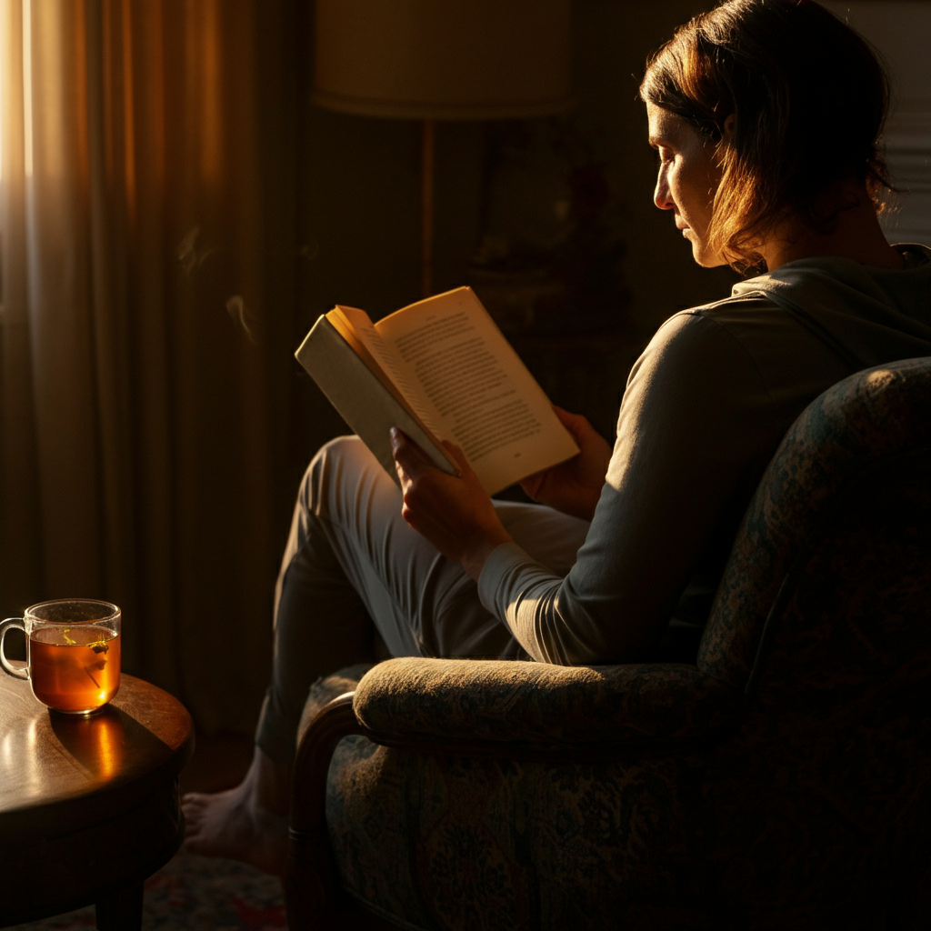 A person is seated in a comfortable armchair in a softly lit living room, reading a physical book. A warm cup of herbal tea sits on a nearby table. The lighting is warm and inviting.
