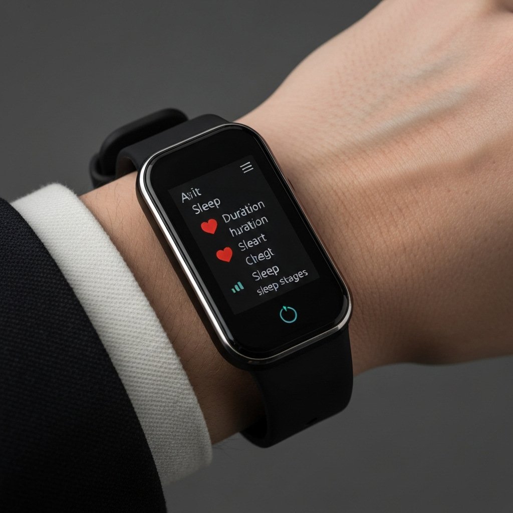 A close-up shot of a wrist wearing a fitness tracker. The screen displays sleep data: sleep duration, heart rate, and sleep stages. The lighting is soft and diffused.