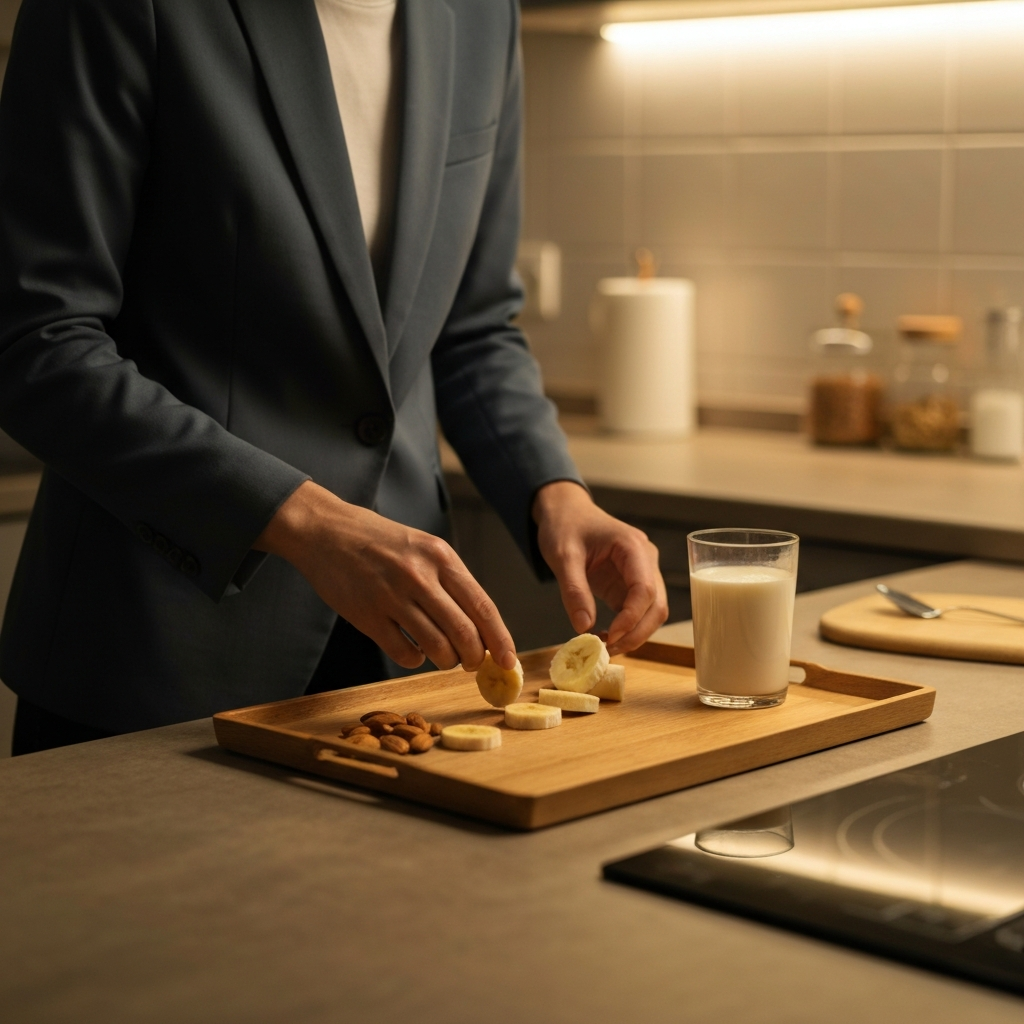 A person is preparing a light evening snack in a kitchen. They are arranging sliced bananas, a small handful of almonds, and a glass of warm milk on a wooden serving tray. The kitchen is clean and well-organized, with warm, inviting lighting.