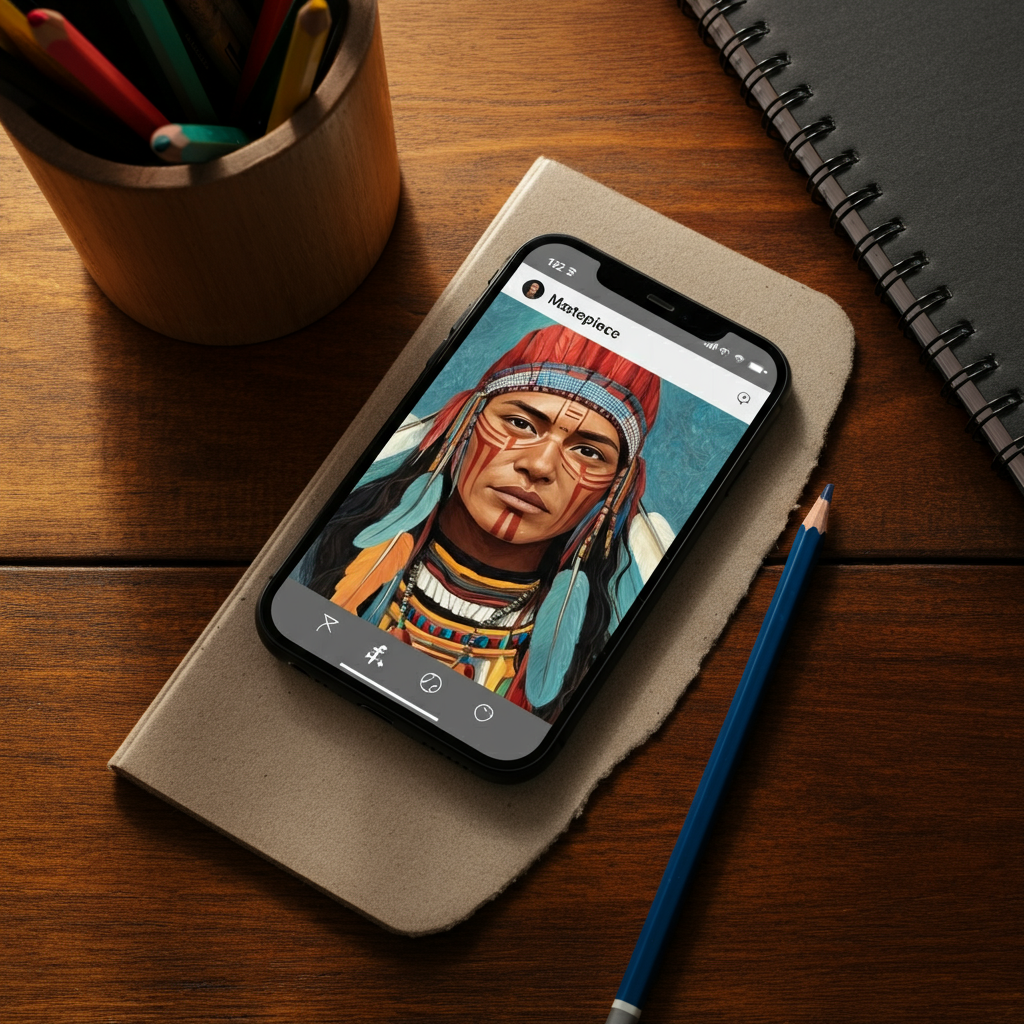 Overhead shot of a smartphone displaying an Indigenous artist's artwork on Instagram. The phone rests on a textured wooden desk alongside a sketchbook and colored pencils. The scene is bathed in natural, diffused light.