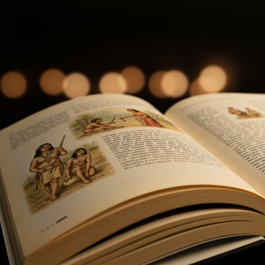 Side-lit photograph of an open history book with illustrations depicting Indigenous life before European contact. The pages are slightly yellowed with age, creating a warm, historical feel. Soft bokeh in the background.