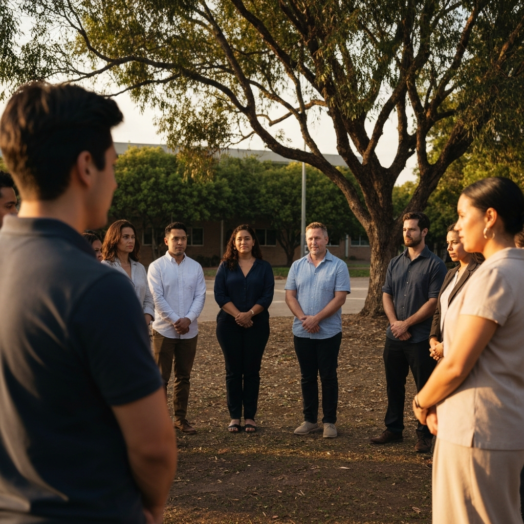 Wide shot of a group of people standing in a circle outdoors, with trees and a building in the background. The people are diverse and dressed casually. The lighting is soft, capturing the golden hour. They are listening attentively as one person speaks, presumably delivering a land acknowledgement.