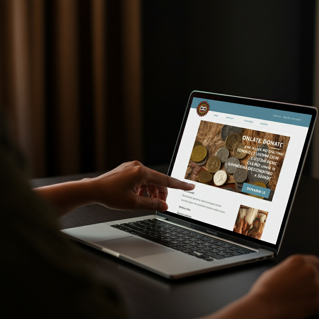 Close-up of a hand making an online donation on a laptop. The laptop screen displays the website of an Indigenous-led non-profit organization. Soft, focused lighting highlights the hand and the laptop screen.