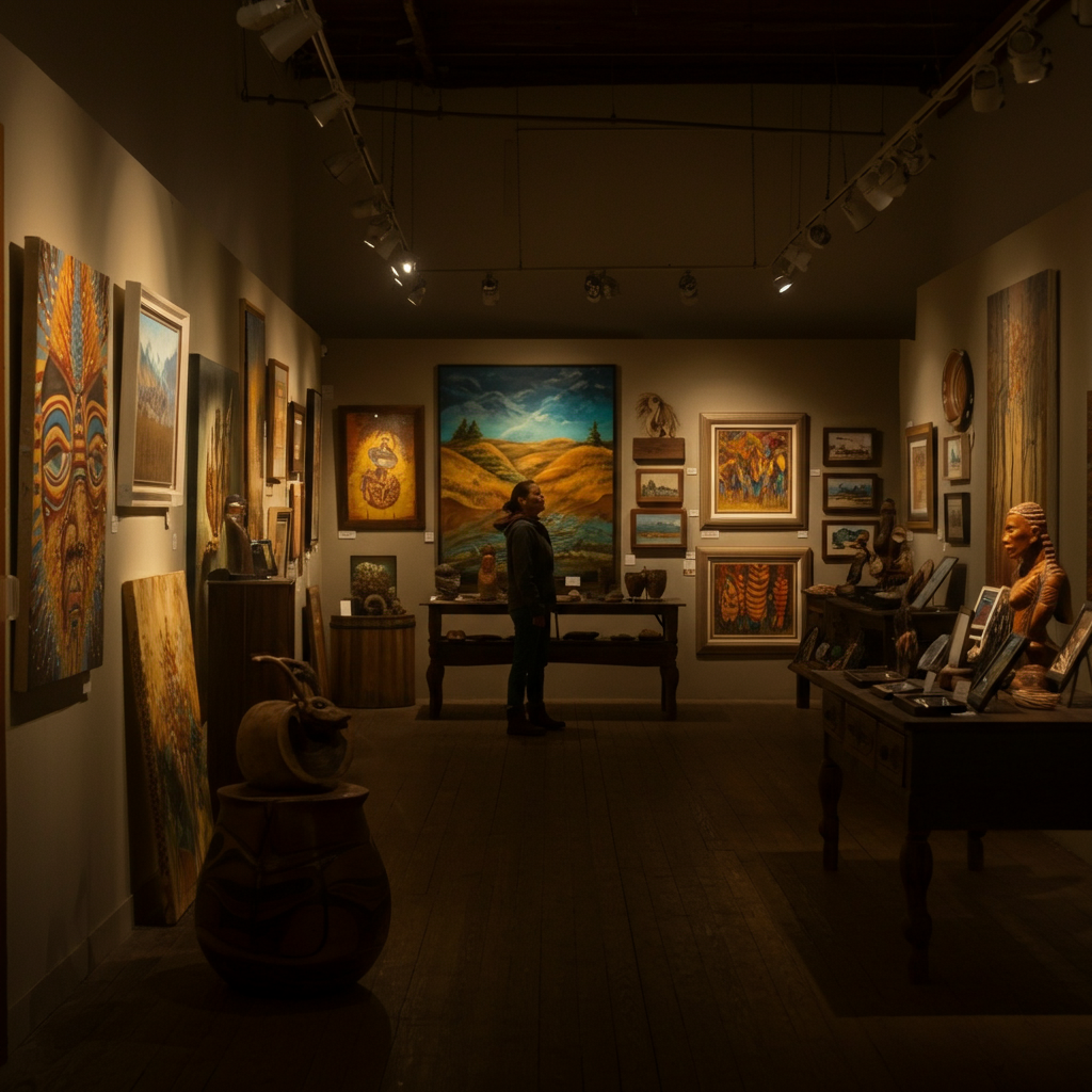 Interior shot of a Native-owned art gallery. The walls are adorned with paintings, sculptures, and traditional crafts. The lighting is warm and inviting, highlighting the textures of the artwork. A customer is browsing the gallery, smiling.